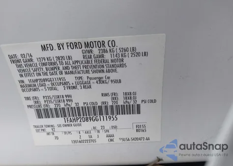 2016 Ford Taurus Se из США, поврежденный, VIN 1FAHP2D89GG111955